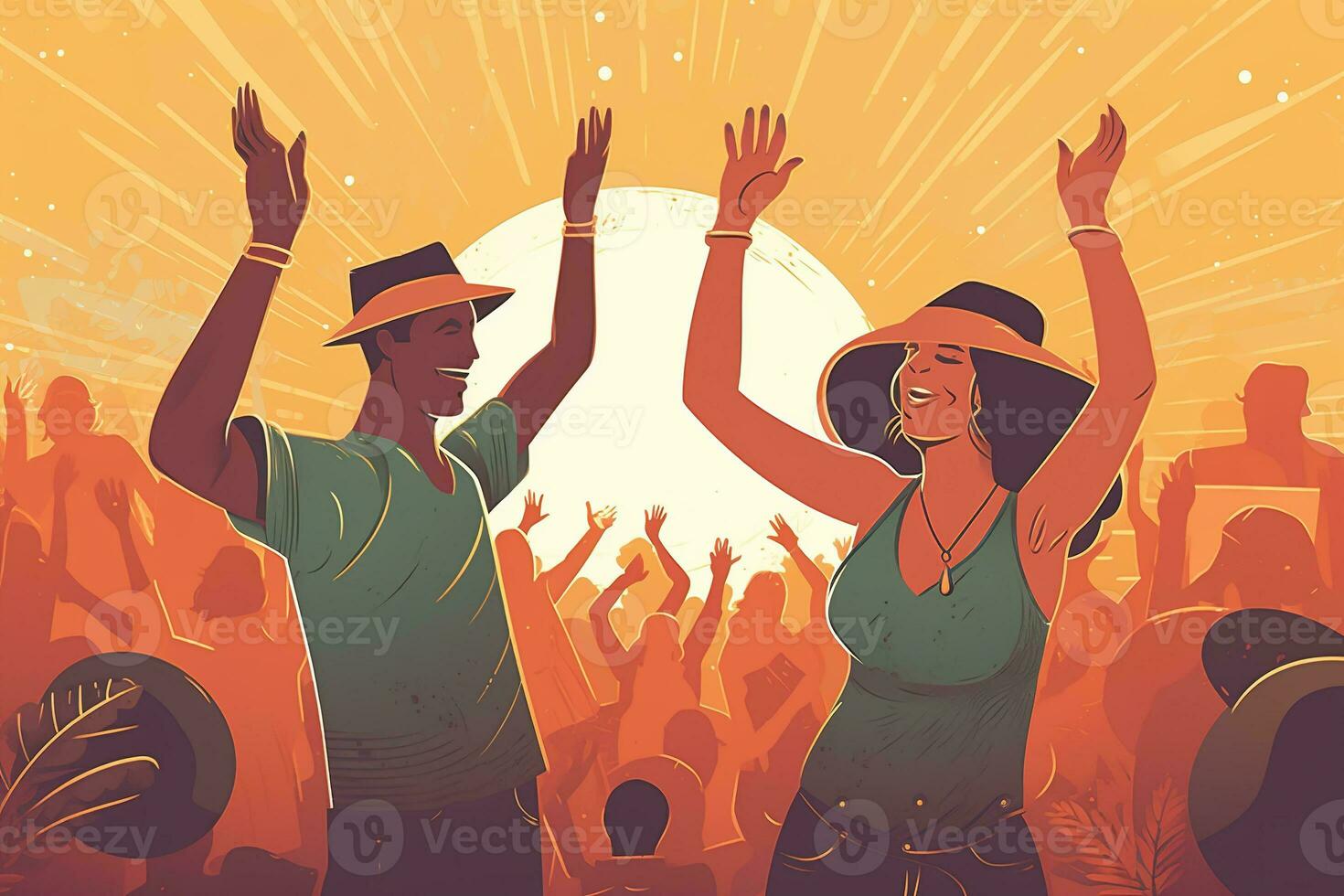 Illustration of Summer music festival concert scene, capturing a couple dancing, singing, and enjoying live performances together, surrounded by the energetic and vibrant atmosphere. Generative AI photo