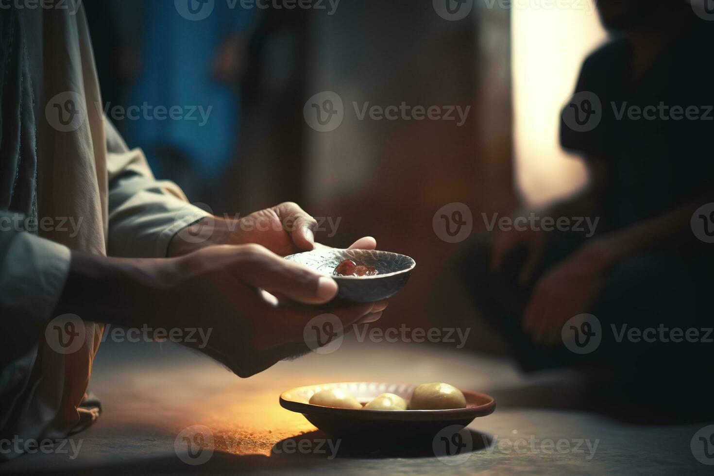 A man giving zakat charity during Ramadan. Man s generosity and giving spirit. The image show the man handing over food to those in need. Generative Ai photo