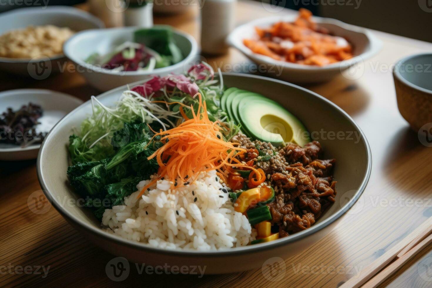 A meal consisting of veggie bibimbap, fresh salad dressed with edible flowers, bean chili and a kombucha tea. Minimally processed and naturally fermented food. Generative AI photo