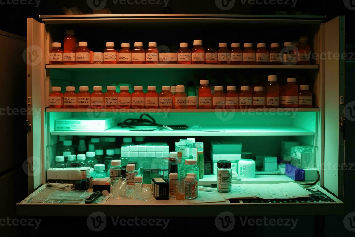 A medication cabinet, shelf after shelf lined with pill bottles. Prescription medication use is at an all time high, a quick fix for problems that run deeper. Generative AI photo