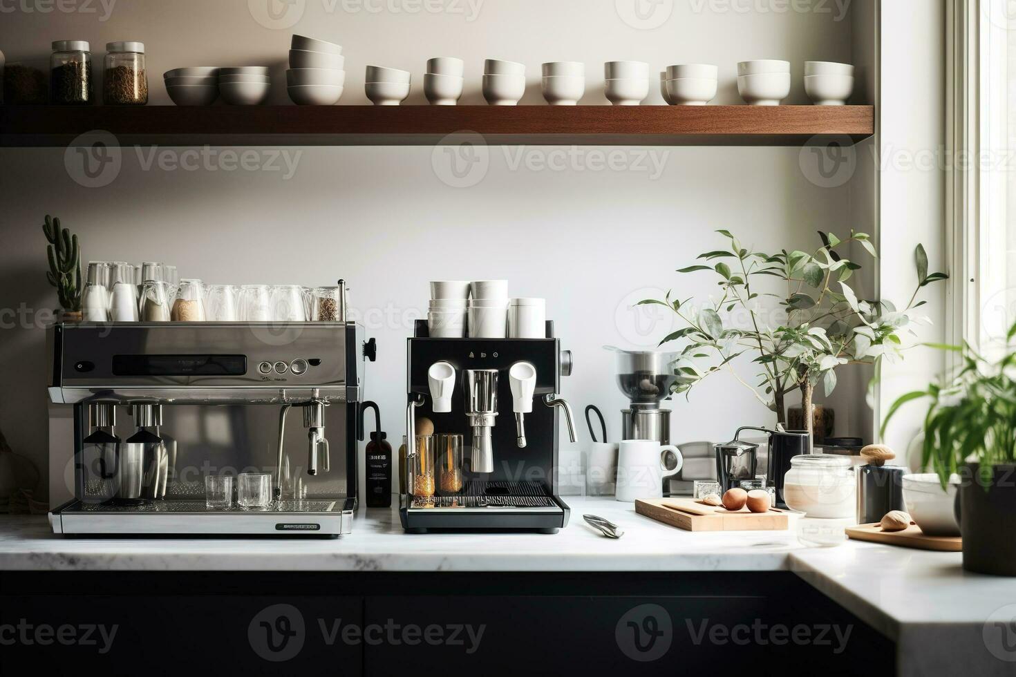 A modern, minimalist home coffee bar , featuring a sleek espresso machine, a collection of stylish mugs, and an assortment of coffee-making accessories, contemporary backdrop. Generative AI photo