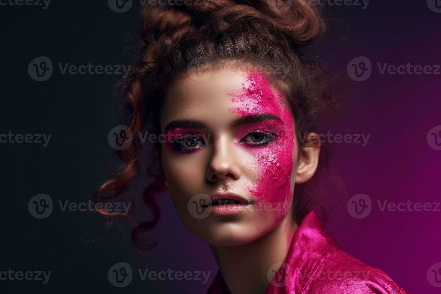 A model wearing makeup with a fuchsia-colored palette, against a plain background, with a sense of bold and playful beauty. Concept of experimentation and creativity. Generative AI photo