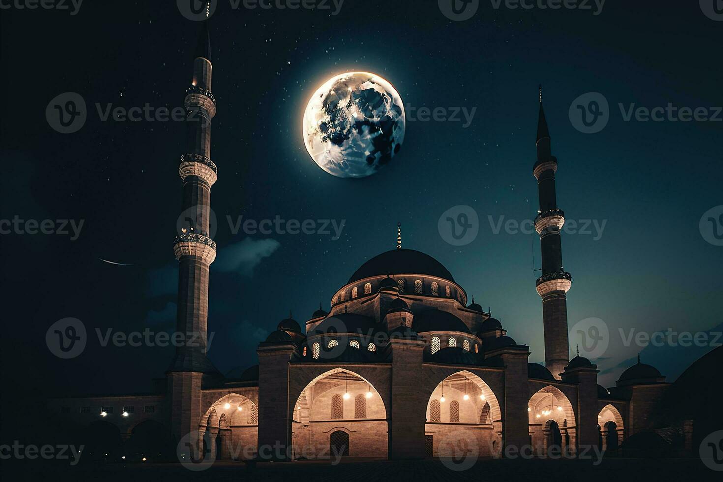 A mosque with a crescent moon in the background. The mosque be shown in silhouette, with the crescent moon and stars shining in the background to give the image a magical feel. Generative AI photo