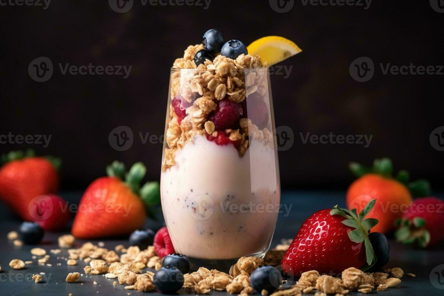 A nutritious, colorful breakfast smoothie, blended with fresh fruits, yogurt, and a sprinkle of granola, served in a tall, frosted glass with a reusable straw. Generative Ai. photo