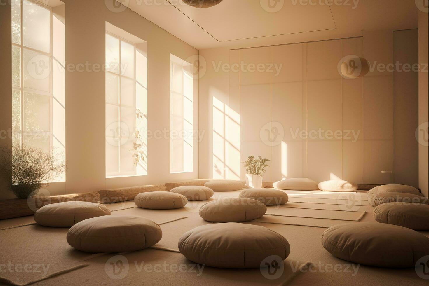 A peaceful image of a meditation room. The image could show a quiet room with people sitting on cushions and meditating. Muted color palette to create a sense of tranquility. Generative AI photo