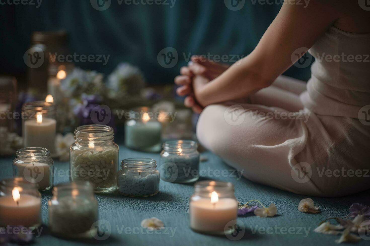 A person meditating in a spa or wellness center, surrounded by soothing