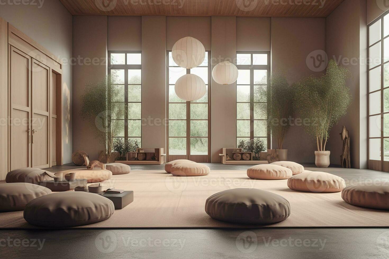 A peaceful image of a meditation room. The image could show a quiet room with people sitting on cushions and meditating. Muted color palette to create a sense of tranquility. Generative AI photo