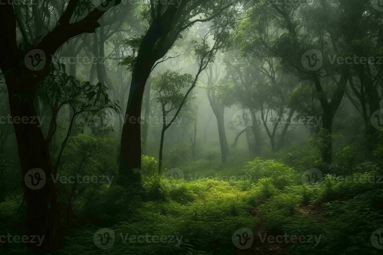 Lush green forest, against misty background, with a sense of natural beauty and serenity. The image should convey a sense of peace and tranquility. Generative AI photo