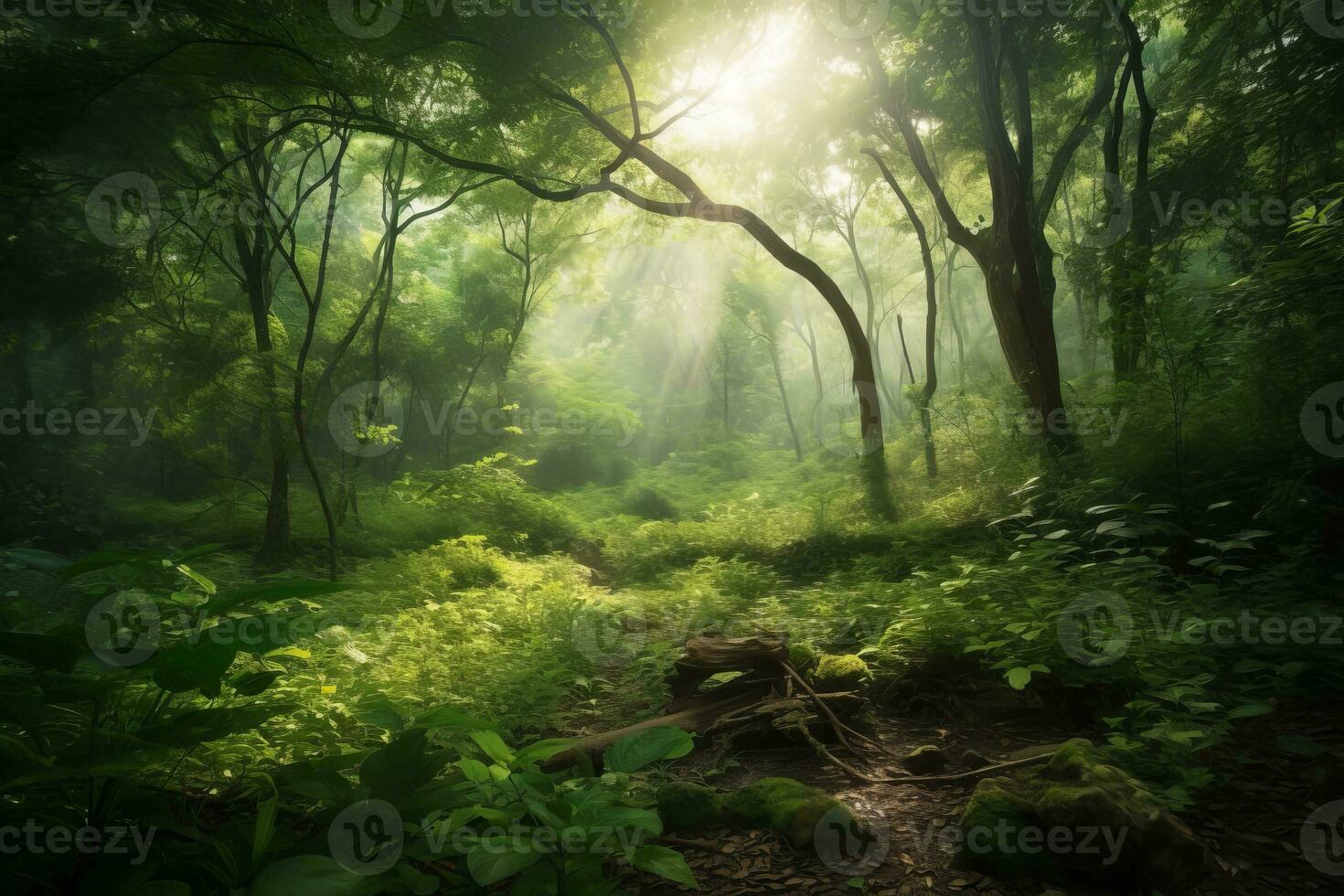 Lush green forest, against misty background, with a sense of natural beauty and serenity. The image should convey a sense of peace and tranquility. Generative AI photo