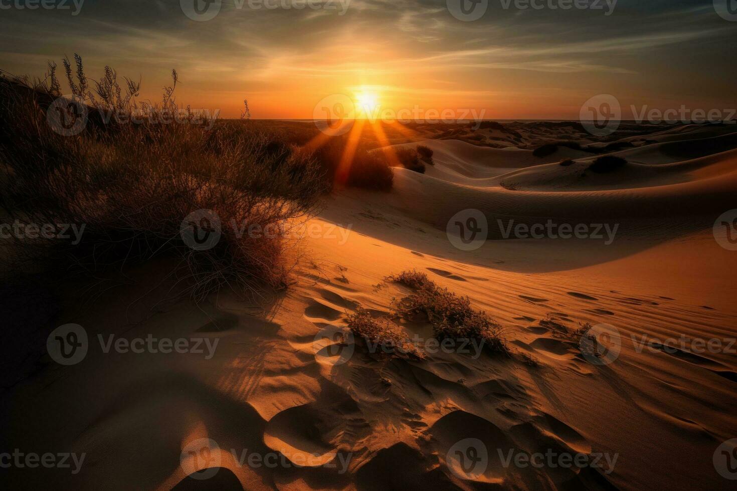 Sand dunes at sunset, with the sun setting behind them, against a fiery sky, with a sense of natural beauty and awe. Generative AI photo