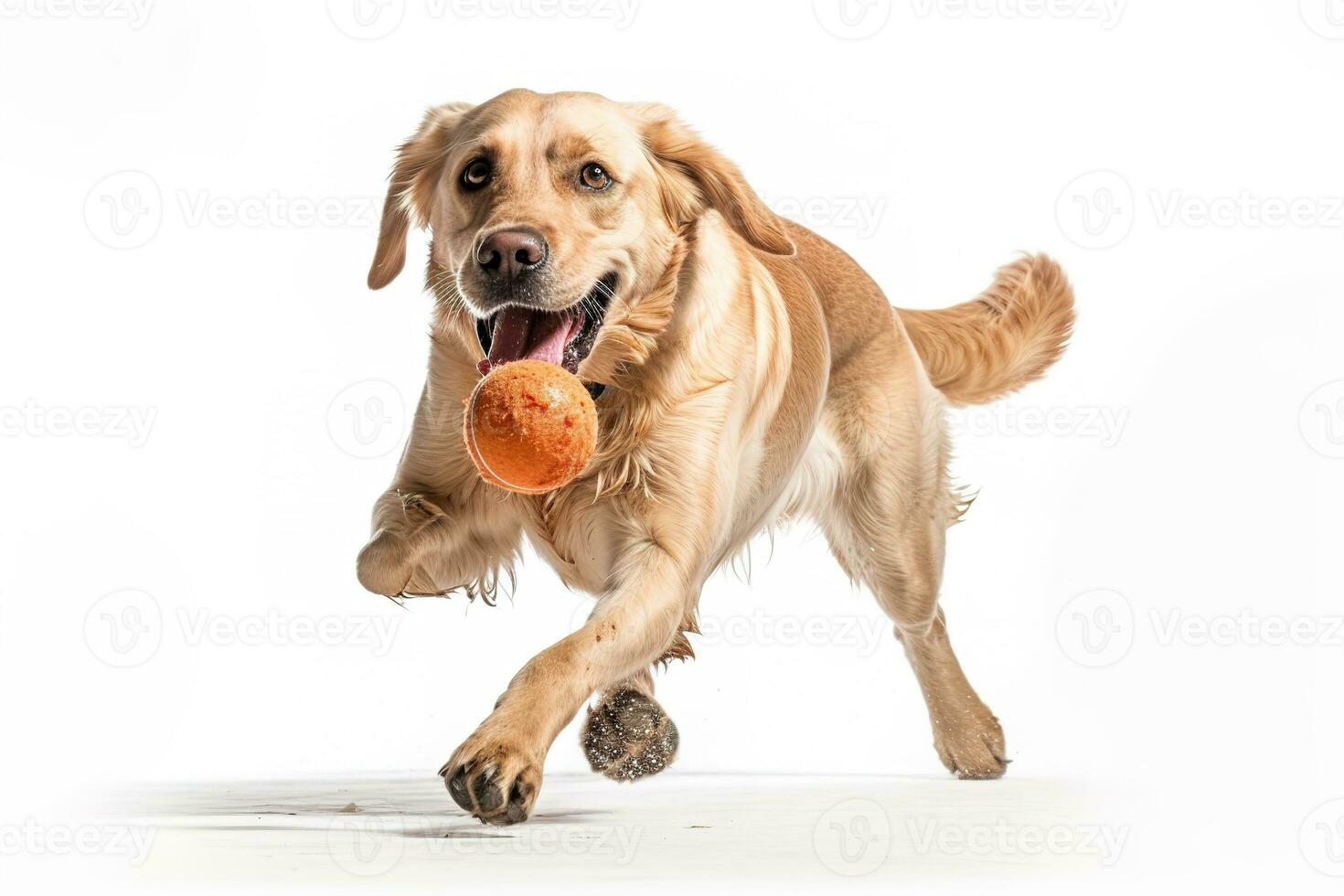 A playful, action shot of a dog happily catching a toy ball, capturing the canine's energy, agility, and love for playtime on white background. Generative AI photo