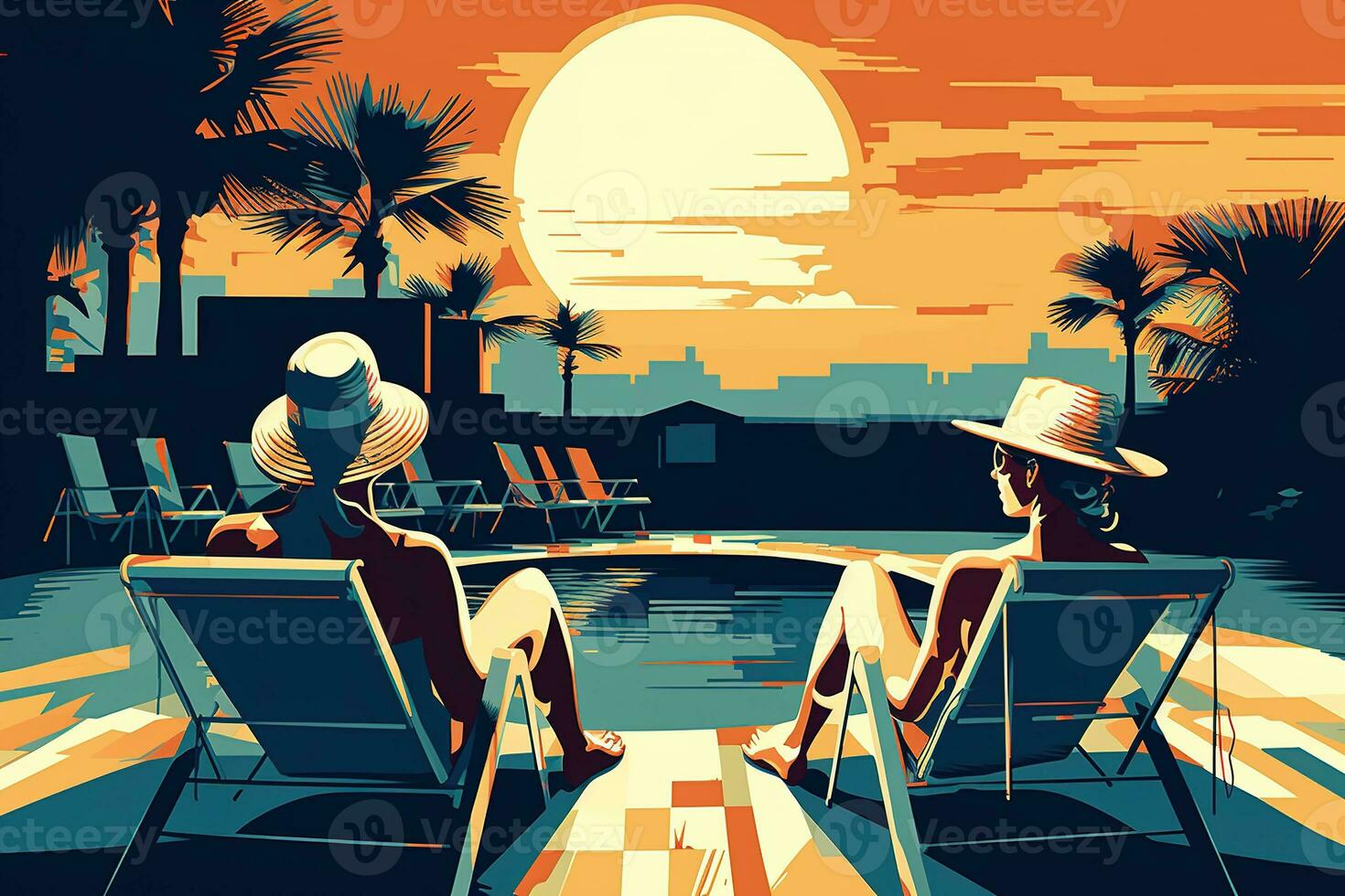 Poolside relaxation scene, showcasing a couple lounging together on comfortable sunbeds, sipping cool, tropical drinks, and enjoying the warmth of the summer sun at a luxurious resort. Generative AI photo