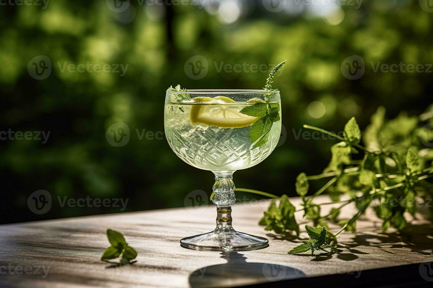 A refreshing cocktail, showcasing a botanical gin-based drink, garnished with fresh herbs, such as basil or thyme, and served in a stylish, modern glass. Generative AI photo
