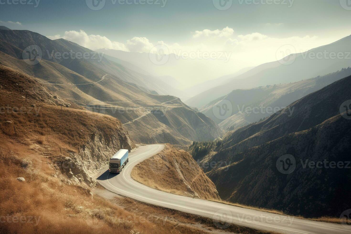 The image show a transport truck driving through a winding road in the mountains. Generative AI photo