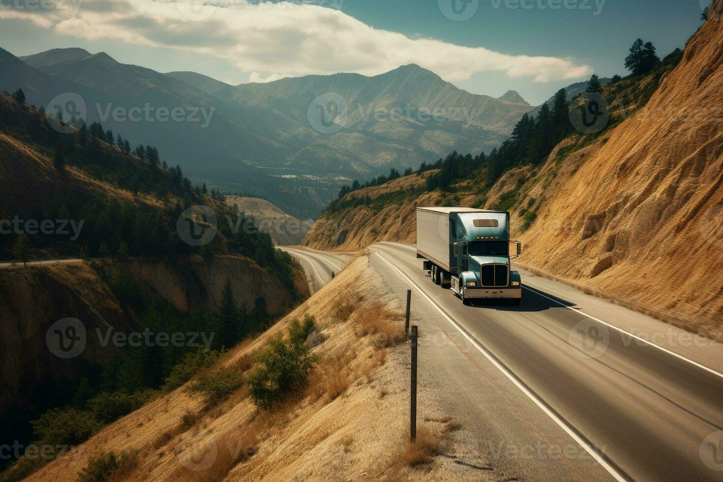 The image show a transport truck driving through a winding road in the mountains. Generative AI photo