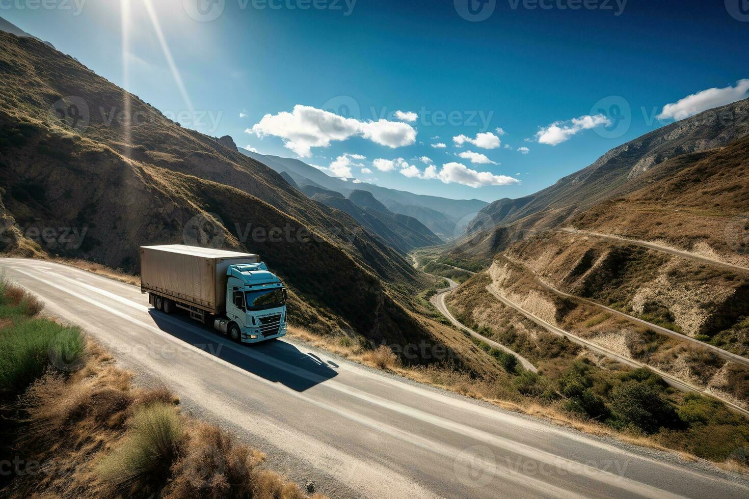 The image show a transport truck driving through a winding road in the mountains. Generative AI photo