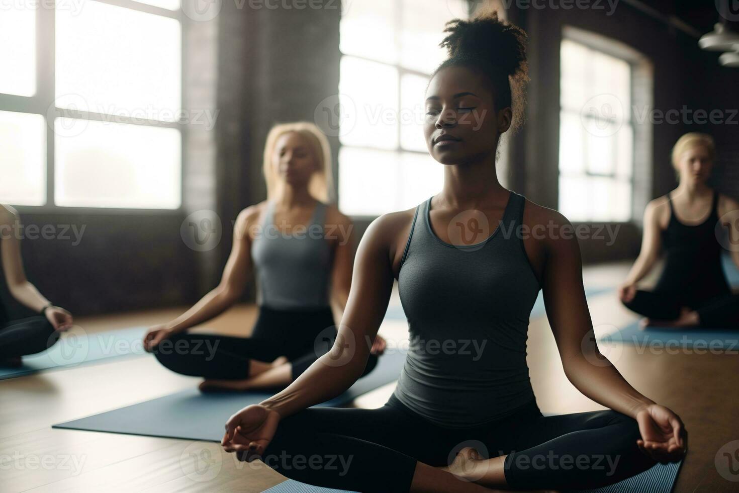 A serene, mindful pilates class scene, featuring practitioners of varying skill levels finding balance and calm through movement and breath. Generative AI photo