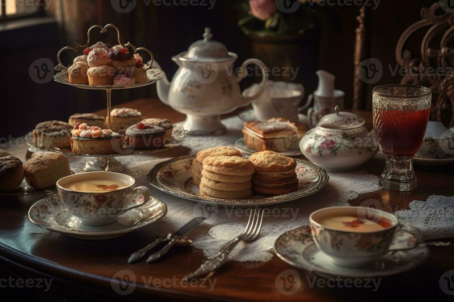 Aromatic pot of tea, accompanied by delicate finger sandwiches, scones, and dainty pastries, set on a beautifully adorned table. Generative AI. photo