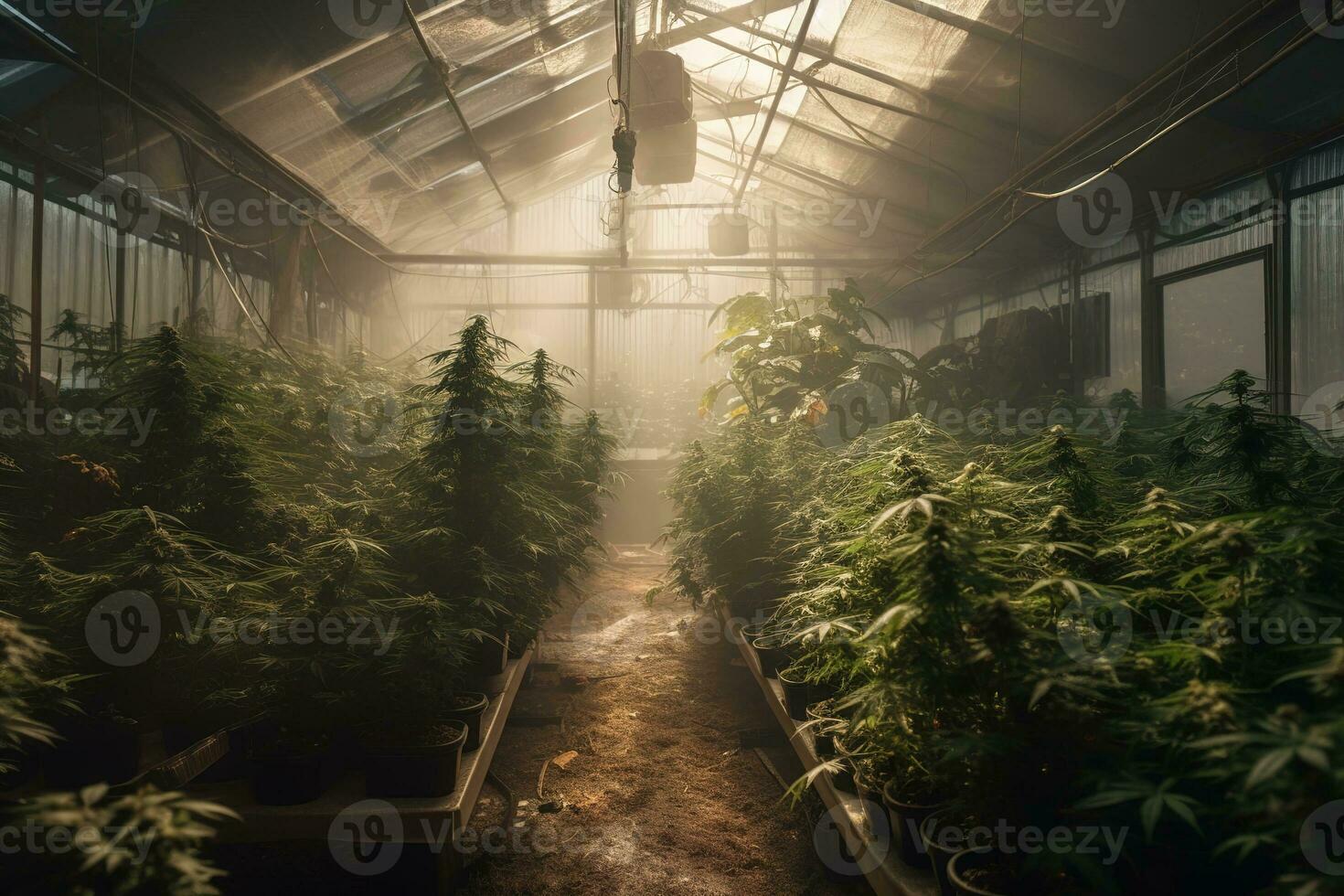 A sprawling cannabis greenhouse, glass panes fogged with humidity. Rows of healthy cannabis plants line winding shelves, heavily laden with colas. Generative AI photo