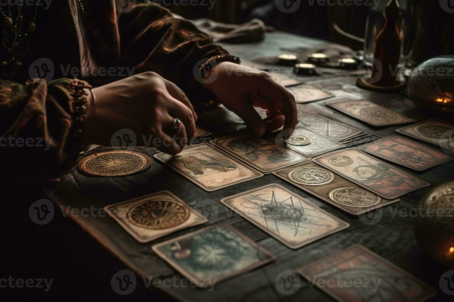 Tarot cards, but each card features interpretations of astrological transits or the positions of the planets in different houses of the zodiac. Two divination systems entwined. Generative AI photo