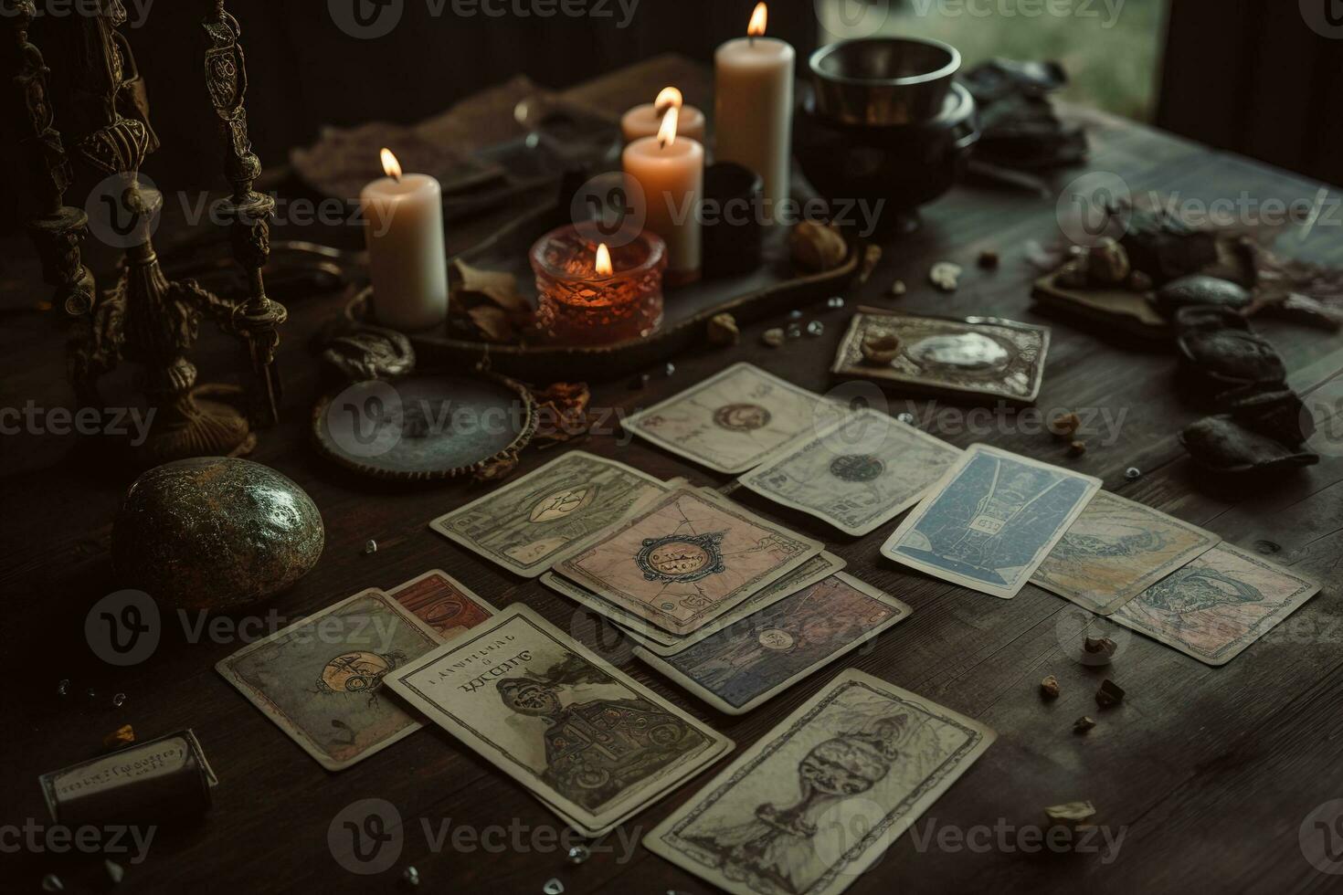 tarot tarjetas, pero cada tarjeta caracteristicas interpretaciones de astrológico tránsitos o el posiciones de el planetas en diferente casas de el zodíaco. dos Adivinación sistemas entrelazados. generativo ai foto