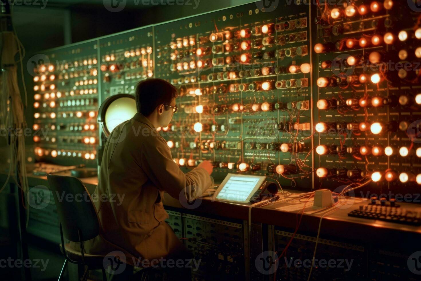 A technician monitoring a control panel for a particle accelerator, as beams of high-energy particles converge and collide, visible as glowing streams of energy. Generative AI photo