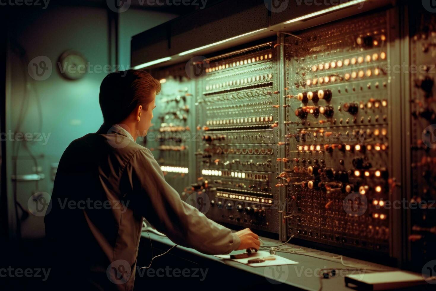A technician monitoring a control panel for a particle accelerator, as beams of high-energy particles converge and collide, visible as glowing streams of energy. Generative AI photo