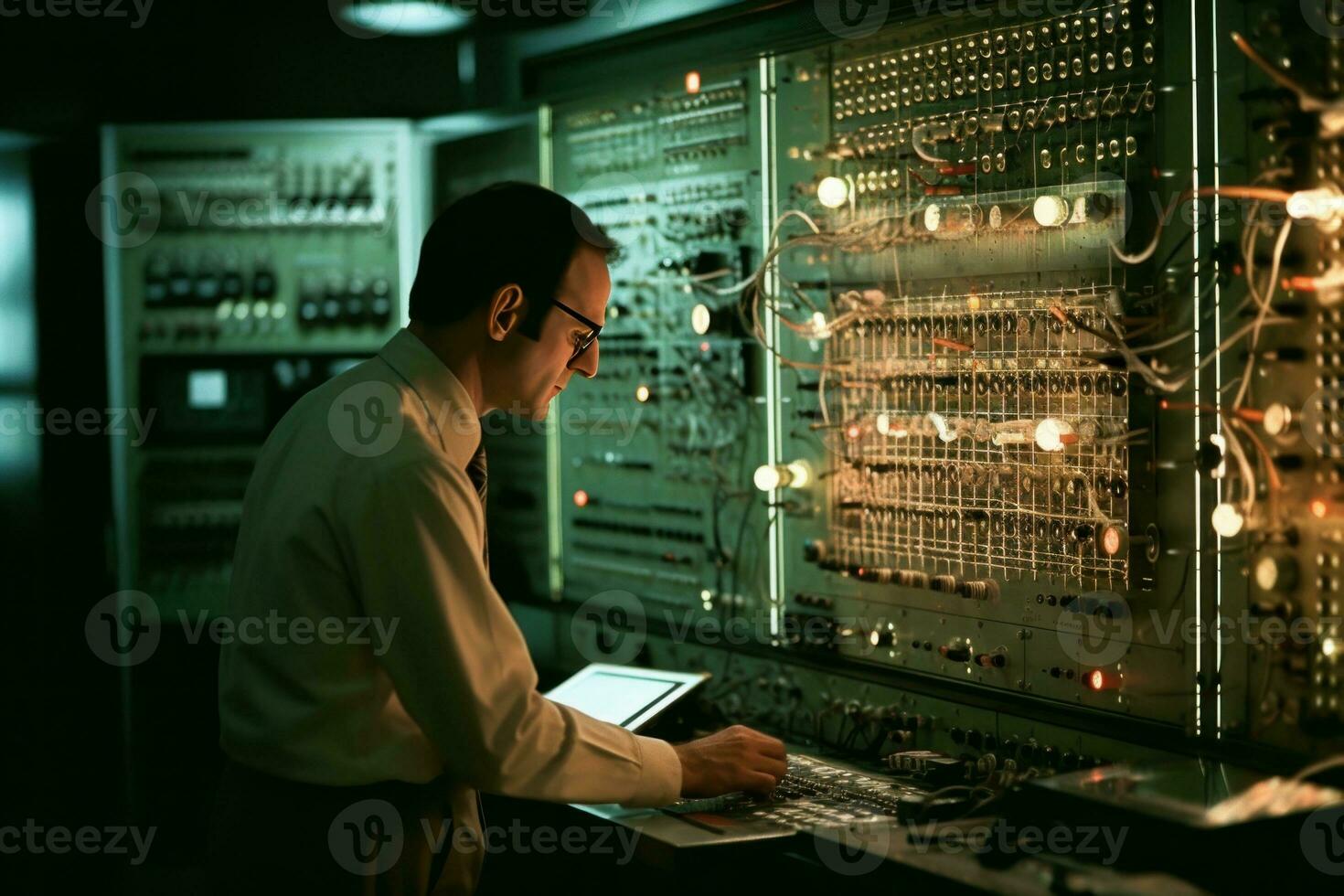 A technician monitoring a control panel for a particle accelerator, as beams of high-energy particles converge and collide, visible as glowing streams of energy. Generative AI photo