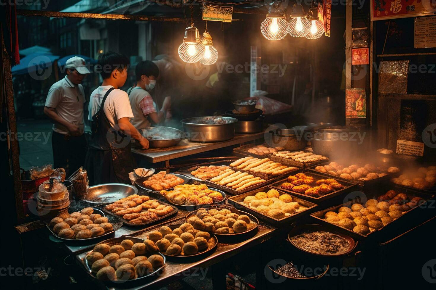 Chinese street food scene, featuring popular snacks like scallion pancakes, steamed baozi, skewers of grilled meat in vibrant, urban setting. Generative AI photo