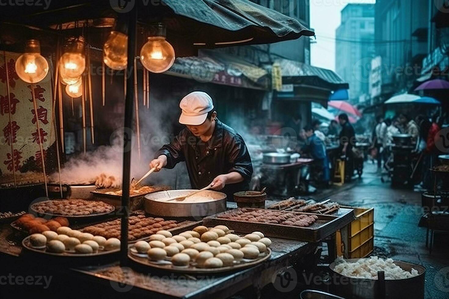 chino calle comida escena, presentando popular meriendas me gusta cebollino panqueques, al vapor baozi, brochetas de A la parrilla carne en vibrante, urbano ajuste. generativo ai foto