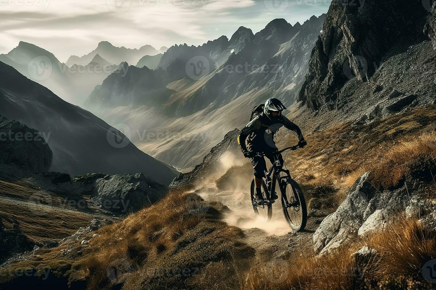 A thrilling, high-speed mountain biking scene, featuring a daring rider navigating a rugged, rocky trail, with a breathtaking mountain vista as the backdrop. Generative AI. photo