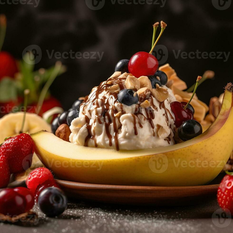 un tentador, de cerca Disparo de un vegano presentando Libre de lácteos hielo crema, Fresco fruta, y natural edulcorantes Destacar el postre saludable apelar. generativo ai foto