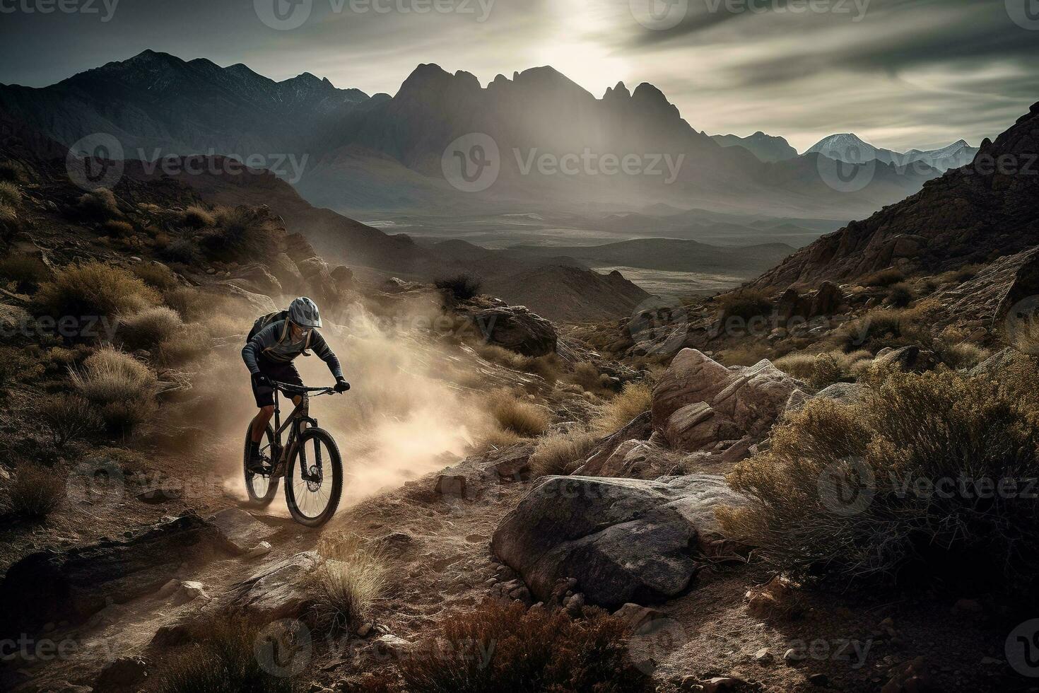 A thrilling, high-speed mountain biking scene, featuring a daring rider navigating a rugged, rocky trail, with a breathtaking mountain vista as the backdrop. Generative AI. photo