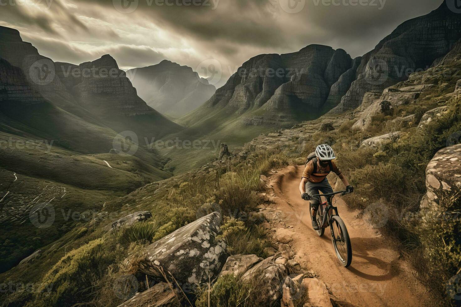 High-speed mountain biking , featuring a daring rider navigating a rugged, rocky trail, with a breathtaking mountain vista as the backdrop. Generative AI photo