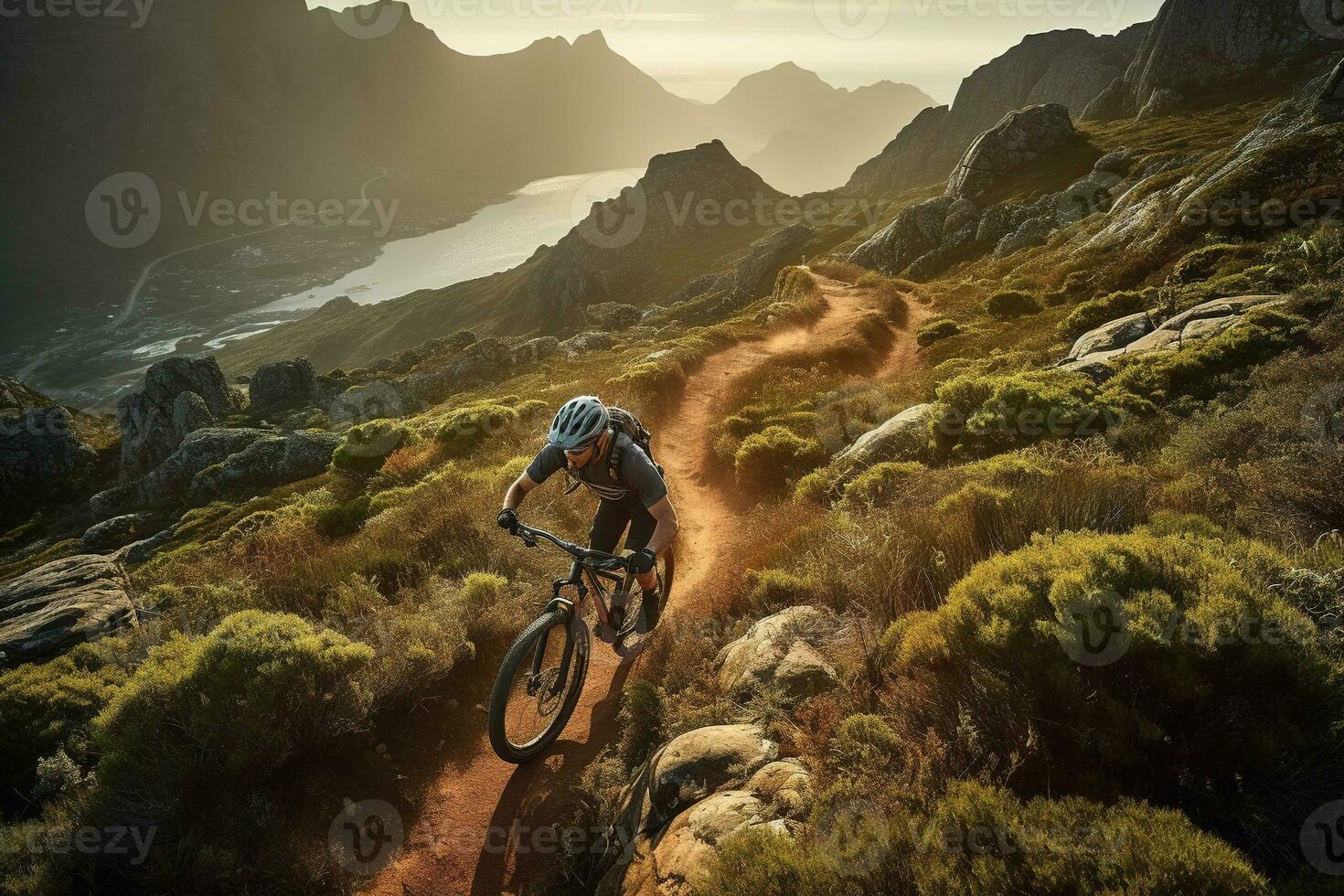 A thrilling, high-speed mountain biking scene, featuring a daring rider navigating a rugged, rocky trail, with a breathtaking mountain vista as the backdrop. Generative AI. photo
