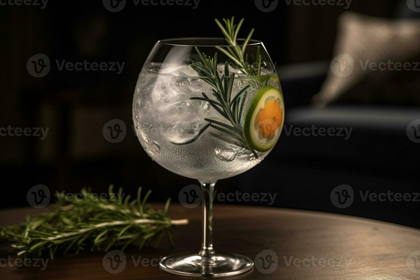 Artisanal gin and tonic, served in a large, balloon glass with a variety of botanical garnishes, such as cucumber, rosemary, and juniper berries, on a minimalist, marble bar top. Generative AI photo