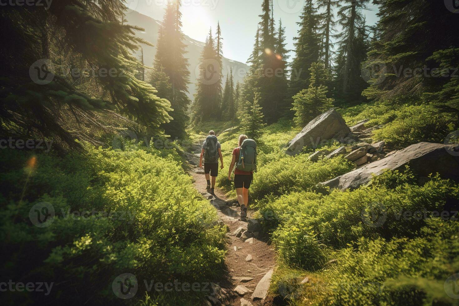 A tranquil, summer hiking adventure, featuring a couple trekking through a lush, green forest, meadow and mountain trail. Generative AI. photo