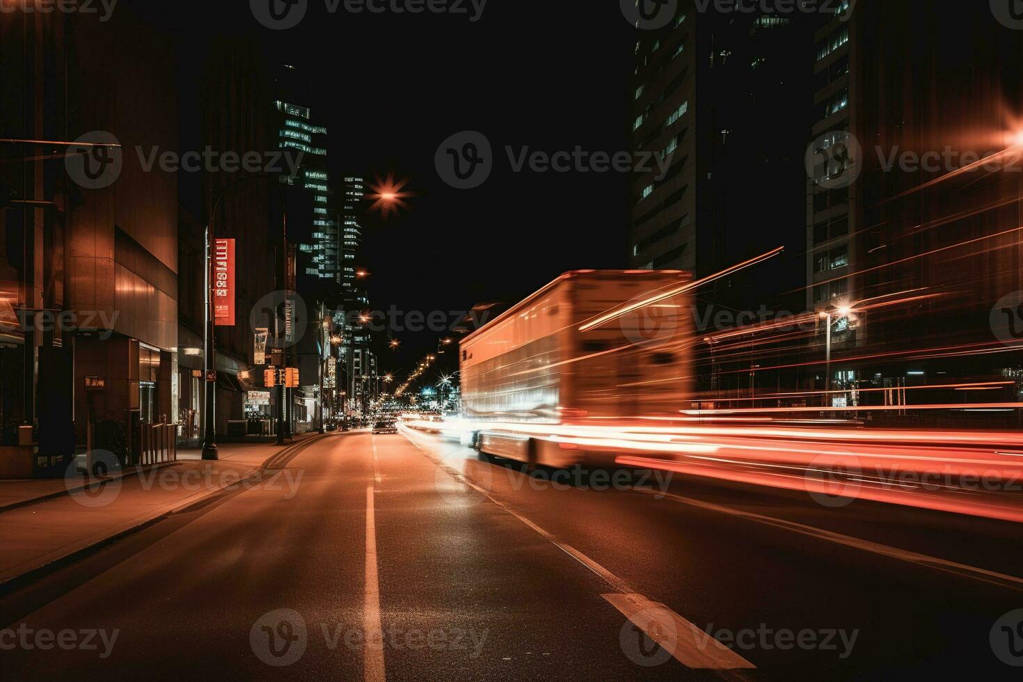 A truck speeding in the city at night. Taillights giving a speed impression. Generative Ai photo