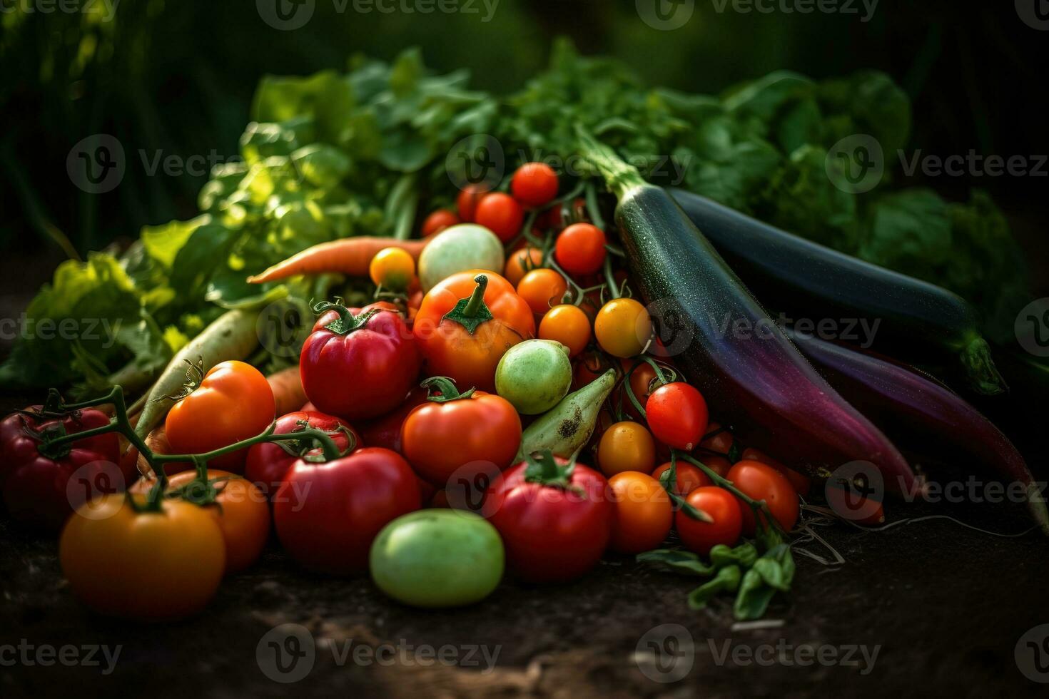 A vibrant, freshly picked vegetables, such as tomatoes, carrots, bell peppers, showcasing their rich colors, textures, and natural beauty, Generative AI photo
