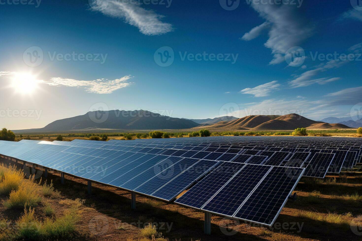 Large solar power plant with rows of photovoltaic panels neatly arranged against a clear blue sky. Representing the harmonious integration of different renewable energy sources. Generative AI. photo