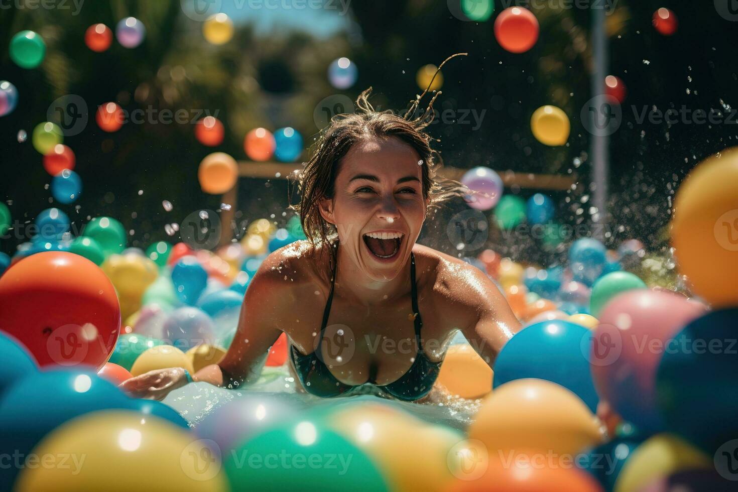 A woman in a playful, colorful two-piece swimsuit splashes around in the shallow end of a pool, surrounded by inflatable toys and beach balls. The sun is high in the sky. Generative Ai photo