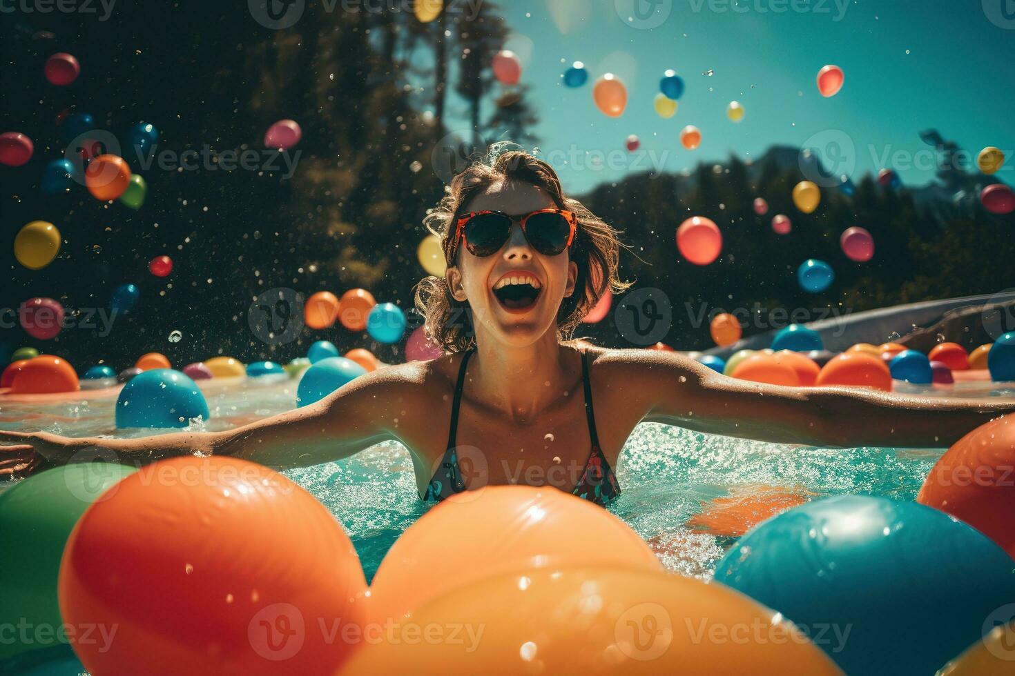 A woman in a playful, colorful two-piece swimsuit splashes around in the shallow end of a pool, surrounded by inflatable toys and beach balls. The sun is high in the sky. Generative Ai photo