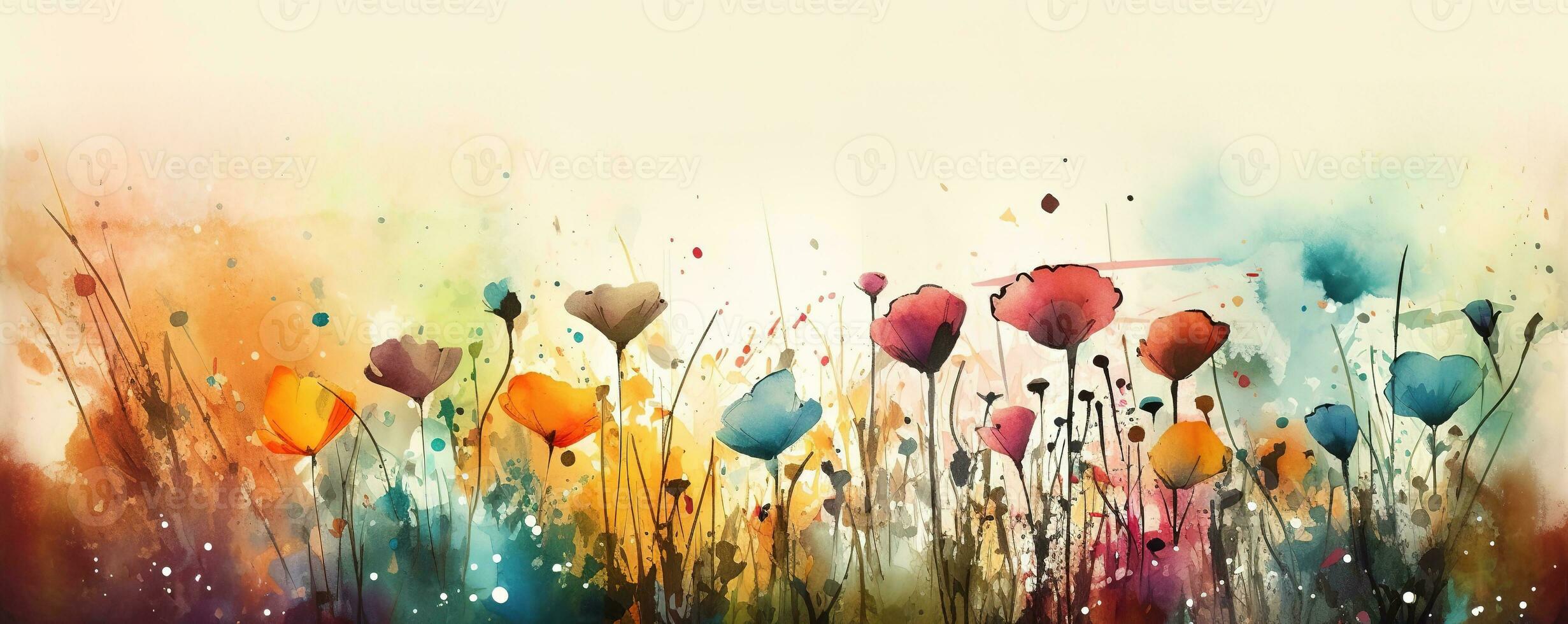 Abstract colorful flower meadow on watercolor paper background. Floral Banner concept. Generative AI. photo