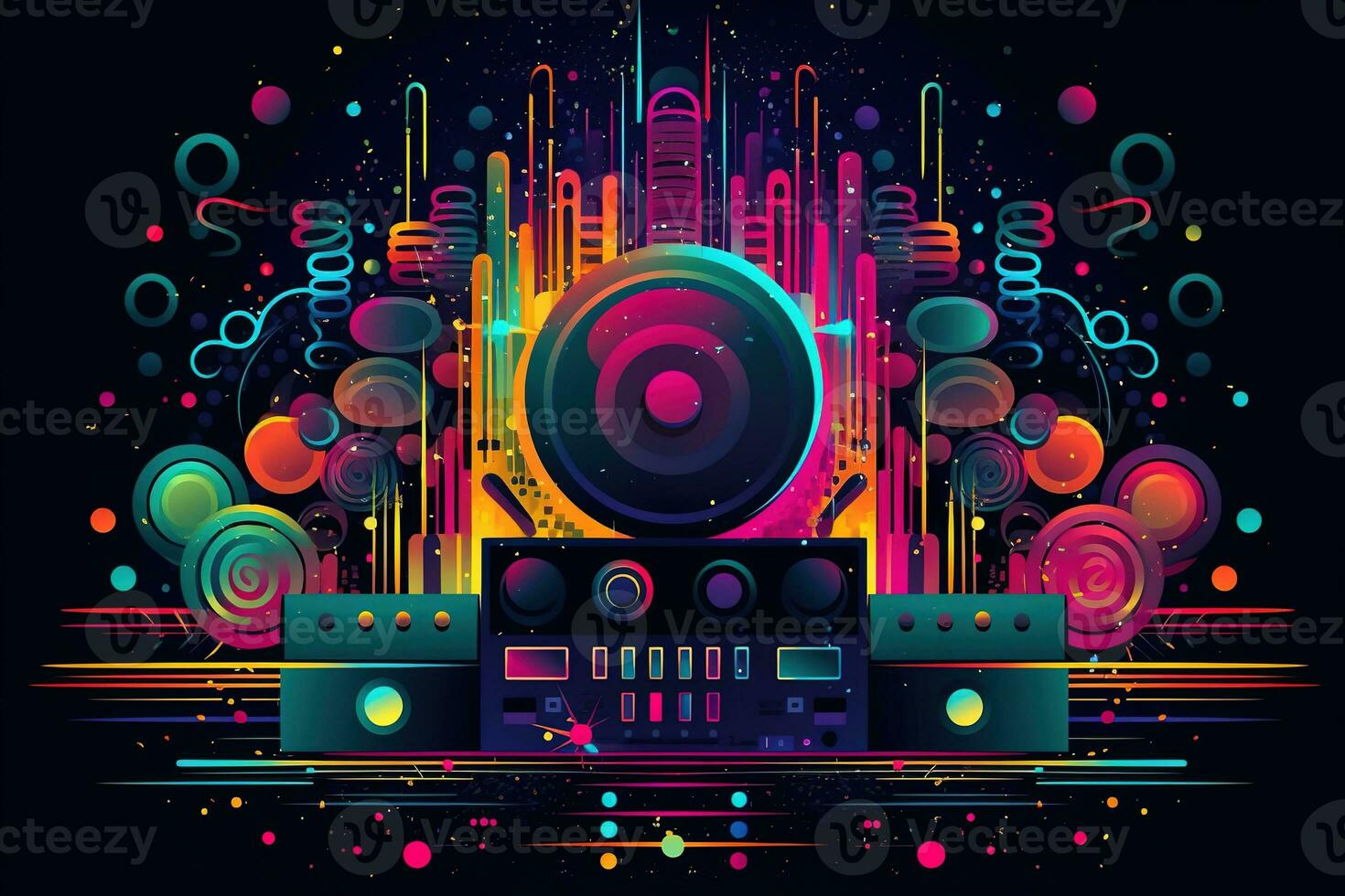 Abstract vector poster with colorful dj console, big speakers, fireworks, light bulbs, glitter, people dance, equalizer bars in background. Concept dance party. Generative AI photo