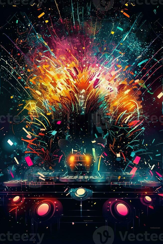 Abstract vector poster with colorful dj console, big speakers, fireworks, light bulbs, glitter, people dance, equalizer bars in background. Concept dance party. Generative AI photo