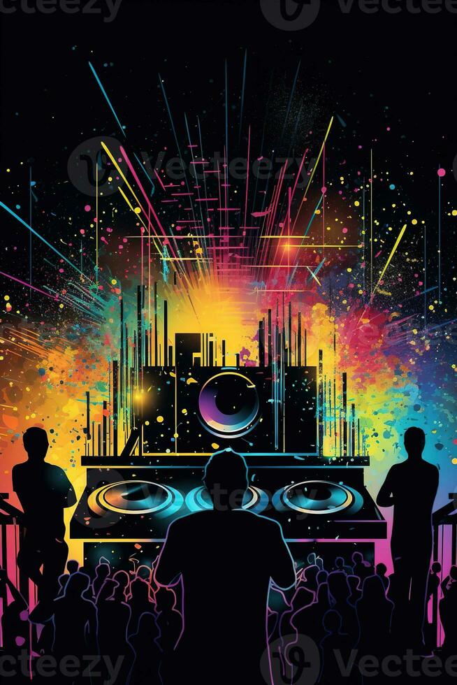 Abstract vector poster with colorful dj console, big speakers, fireworks, light bulbs, glitter, people dance, equalizer bars in background. Concept dance party. Generative AI photo