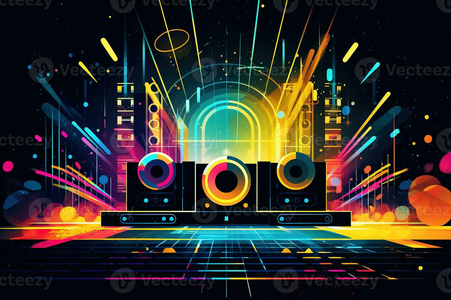 Abstract vector poster with colorful dj console, big speakers, fireworks, light bulbs, glitter, people dance, equalizer bars in background. Concept dance party. Generative AI photo