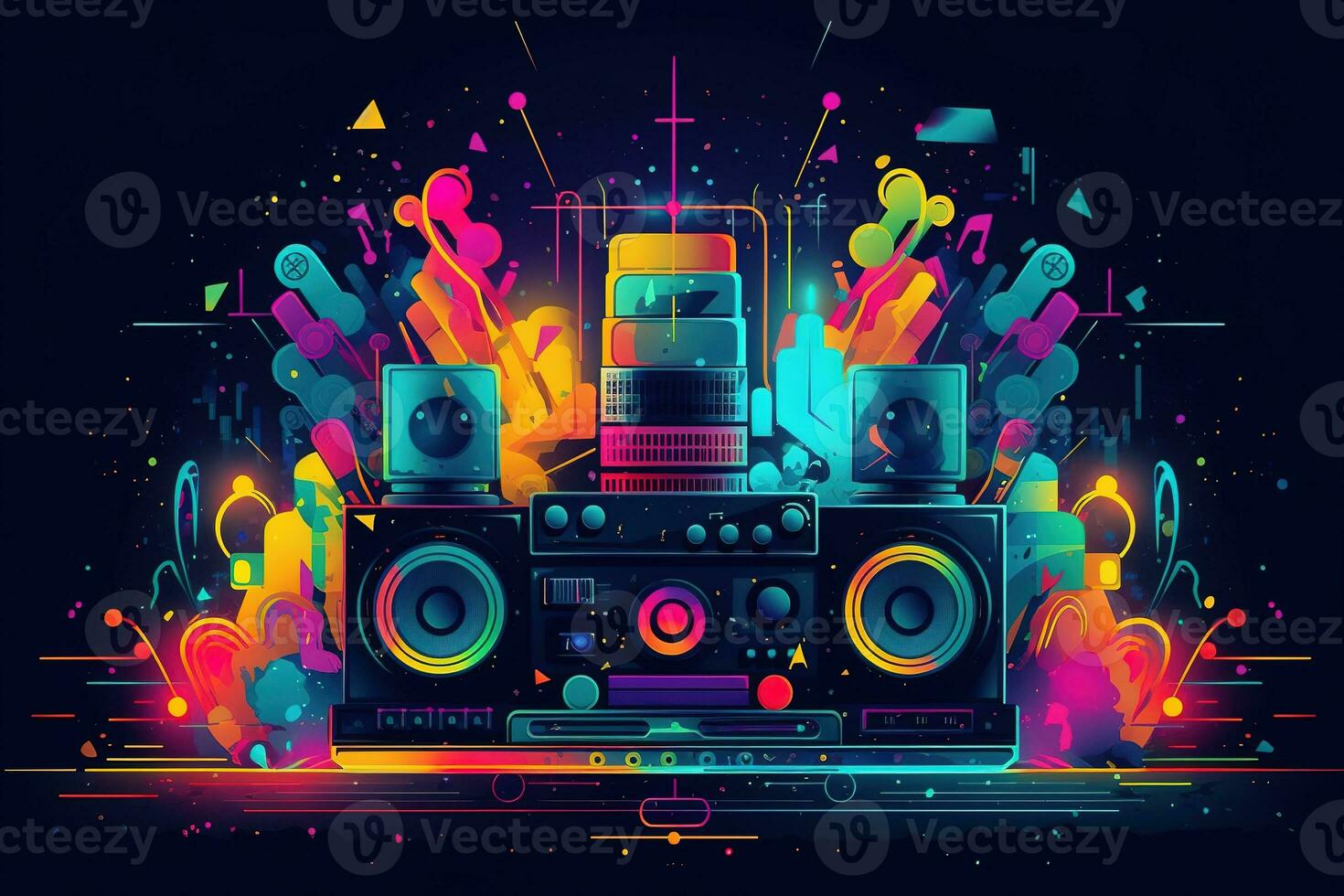 Abstract vector poster with colorful dj console, big speakers, fireworks, light bulbs, glitter, people dance, equalizer bars in background. Concept dance party. Generative AI photo