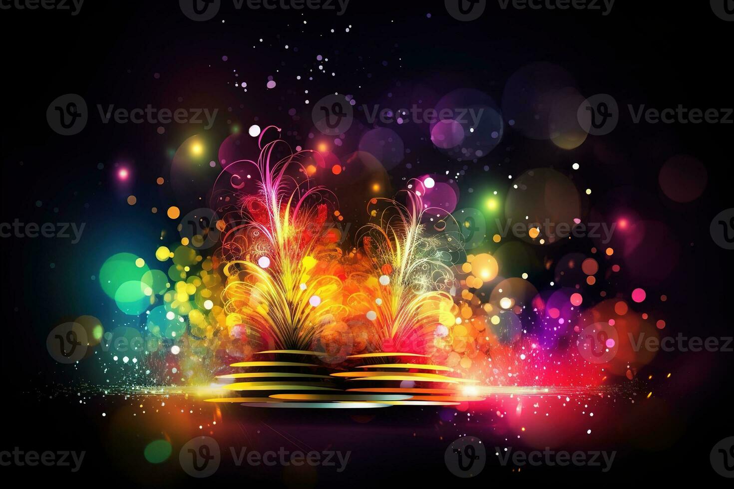 Abstract vector poster with colorful dj console, big speakers, fireworks, light bulbs, glitter, people dance, equalizer bars in background. Concept dance party. Generative AI photo