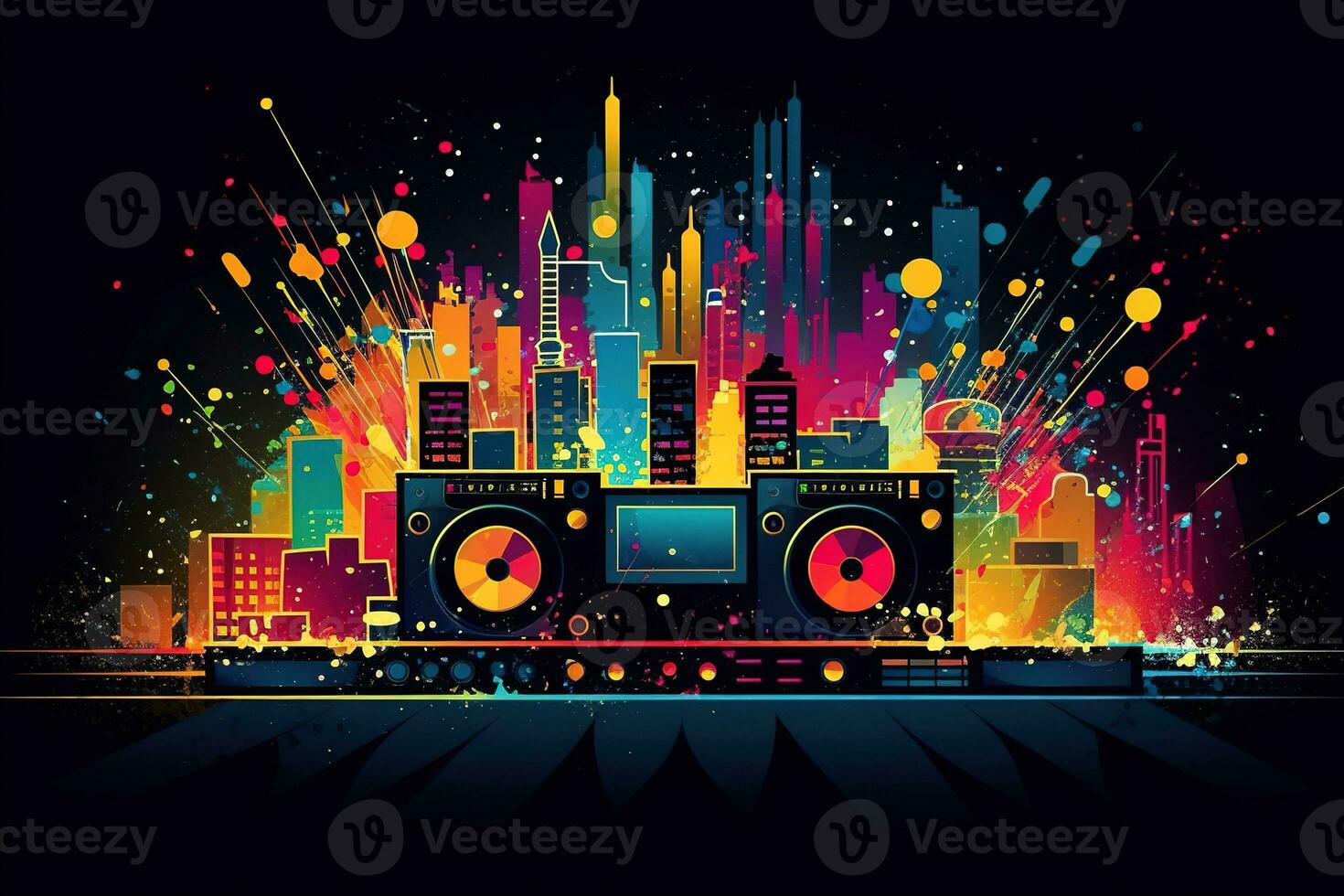 Abstract vector poster with colorful dj console, big speakers, fireworks, light bulbs, glitter, equalizer bars in background. Concept dance party. Generative AI photo